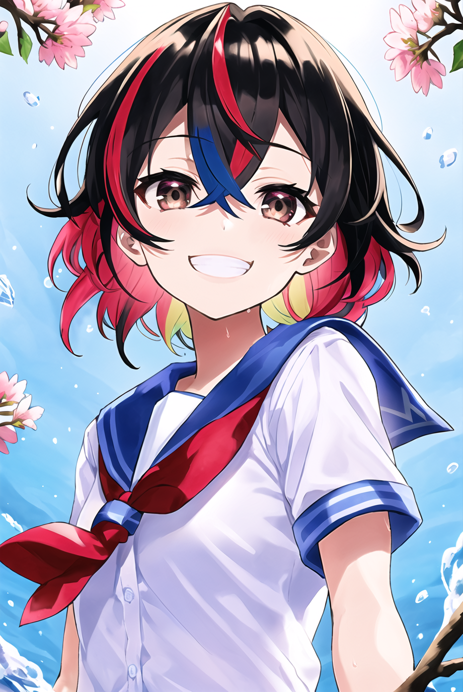 69479-3578328137-mika pikazo, 1girl, bangs, black hair, blue sailor collar, bow, branch, brown eyes, egasumi, flower, grin, hair between eyes, lo.png